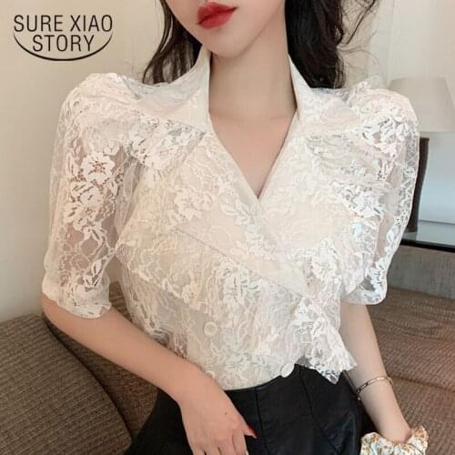 Summer New 2021 Ruffled V-neck Short Sleeve Womens Shirt Vintage Lace Shirt French Style Puff Sleeve Chiffon Blouse Women 13917