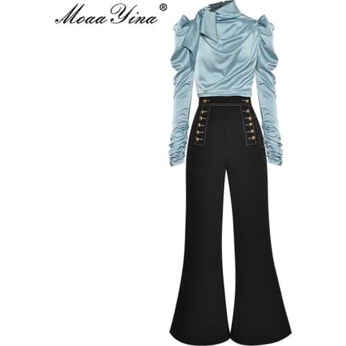 MoaaYina Fashion Designer Set Autumn Women Ruched Long Sleeve Tops+Double breasted bell-bottoms Two-piece set