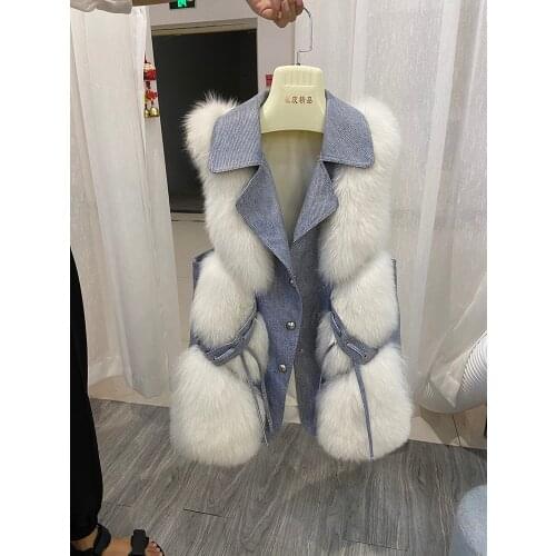 2021 Winter New Arrival Women Female Real Fox Fur Long Jeans Print Style Collar Genuine Leather Fox Fur Vest Sleeveless Gilet