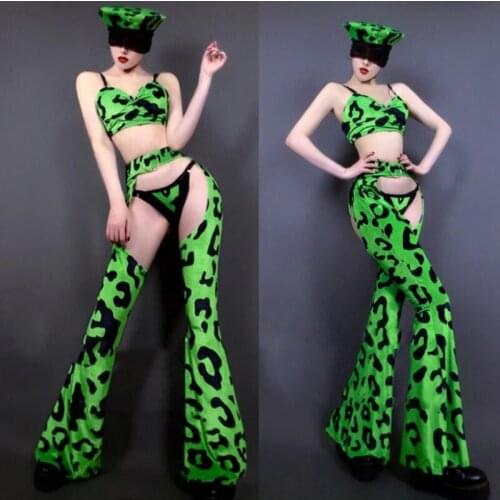 Women Dance Team Jazz DJ Costume Green Leopard Bikini Split Bell Bottomed Pants Hat Outfit Bar Nightclub Singer Performance Wear