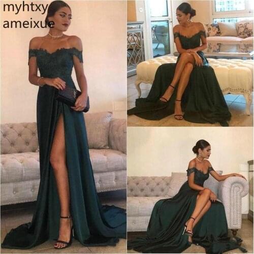 Dark Green 2019 Sexy Cheap Evening Dresses Lace Appliques High Side Split Elegant Long Prom Dress Formal Gown Robe De Soiree