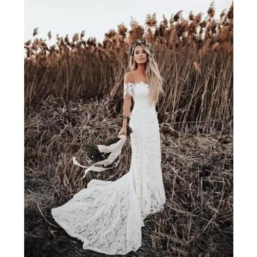 Elegant White Lace Wedding Dresses New Country Style Off The Shoulder Short Sleeves Beach Bridal Dresses Vestidos De Soiree Cust