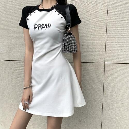 Gothic Womens Summer Dress Harajuku Black White Mini Vestido 2021 Short Sleeve Letter Print Skinny Sexy Bodycon Dresses Punk