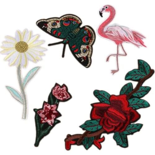 5PCS Flower Birds Flamingo Butterfly Patches for Clothes Iron on Sew on Embroidered Fabric Badges Applique DIY Apparel Accessory