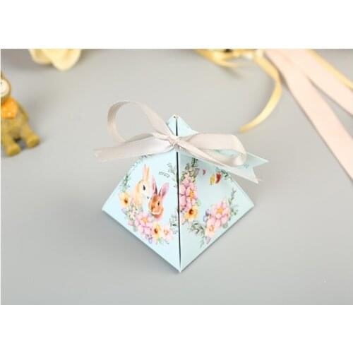 50/100pcs Pink/blue sweet happiness flower cute rabbit pyramid wedding candy chocolate box children party gift box with ribbon