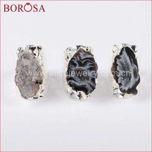 BOROSA Druzy Silver Color Freeform Natural Stone Druzy Open Band Rings, Fashion Natural Gems Party Rings for Women Men S1388