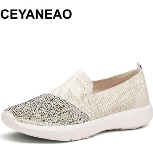 CEYANEAO2019New Women Casual Sneakers Breathable Mesh Flat Shoes Crystal Women Non-slip Light Shoes Fly Weaving Shoes E1330