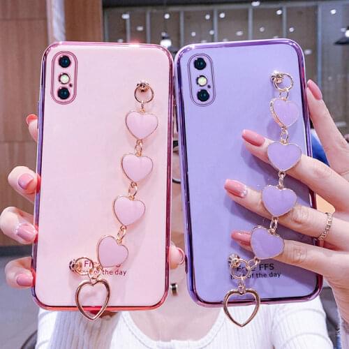 Wrist Bracelet Phone Case for iphone X XS XR SE 2020 12 Pro Max MiNi 11 pro max Case Luxury Love Heart Chain Plating Cover Capa