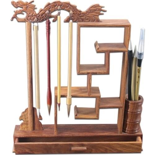 Unique Solid Wenge Wood Writing Brush Holder 12 Hangers Calligraphy Penholder Study Treasure Traditional Painting Brush Rack