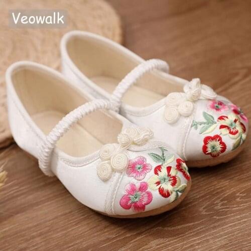 Veowalk 1-14 Girls Cotton Embroidered Ballet Flats with Elastic Strap Kids Soft Dance Shoes Children Teenagers Walking Ballerina