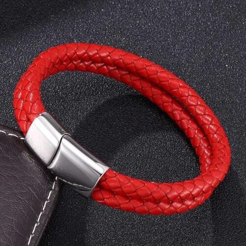 Fashion Double Layer Red Braided Leather Bracelet Men Trendy Stainless Steel Magnetic Clasp Women Wrist Band Jewelry Gifts