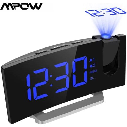 MPOW LED FM Projection Clock 2 Alarms Multifunctional Curved Screen 5 Levels Display Brightness 4 Adjustable Alarm Sounds Wekker