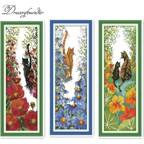 Follow me cross stitch kit bothy thread cat poppy flower 14ct printed 11ct canvas stitches embroidery DIY handmade needlework