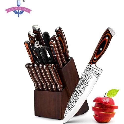 15PCS Kitchen Knife Set Professional Chef Knives Japan Carbon Stainless Steel Wooden Block Knife Sharpener Bread Steak Scissors