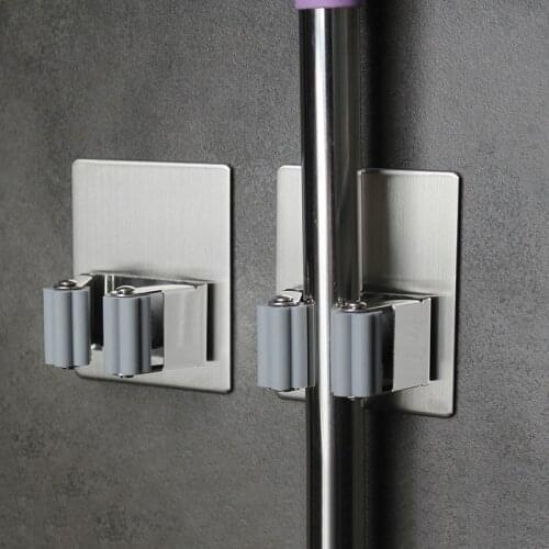 304 Stainless Steel hook bathroom shelf organizer Metal broom storage clip mop wall shelves wall Mounted Type bathroom rack 1PC