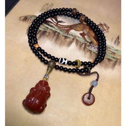 Wholesale Natural Cinnabar Brave TroopsPendant Necklace Sweater Chain Sandalwood Bead Longevity Dzi Mans Womans Jewelry