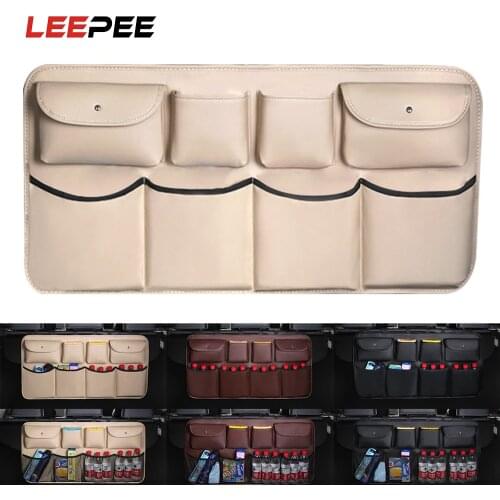 LEEPEE Car Trunk Organizer PU Leather Car Rear Seat Back Storage Bag Multi Hanging Nets Pocket Auto Stowing Tidying Car Styling