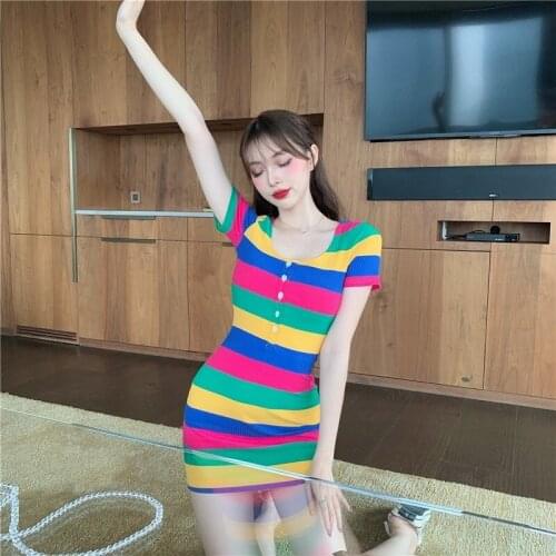 Summer new Korean style round neck color dress tight-fitting hip mini dress sexy slim slim temperament stripes