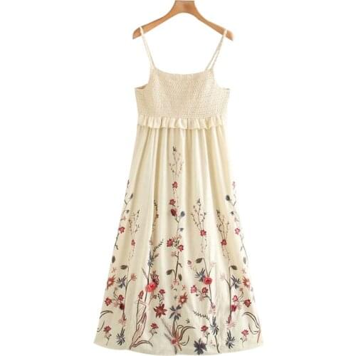 2021 New Women Fashion Floral Embroidery Ruffled Linen Midi Dress Vintage Backless Thin Straps Female Dresses Vestidos