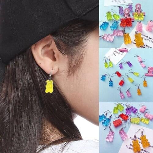 Simple Personality Transparent Candy Color Cartoon Bear Resin Ear Hooks Sweet Creative Female Cute Bear Earrings Funny Party