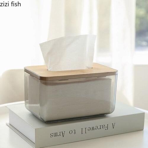 Nordic Transparent Removable Tissue Box with Wooden Lid Coffee Table Desktop Decoration Rectangular Tissue Box Storage Container