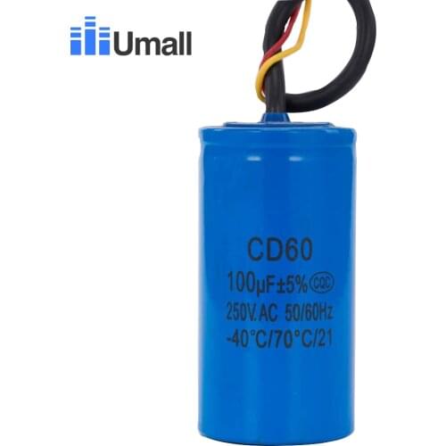 CD60 100UF 250V AC Starting Capacitor For Heavy Duty Electric Motor Air Compressor Red Yellow Two Wires