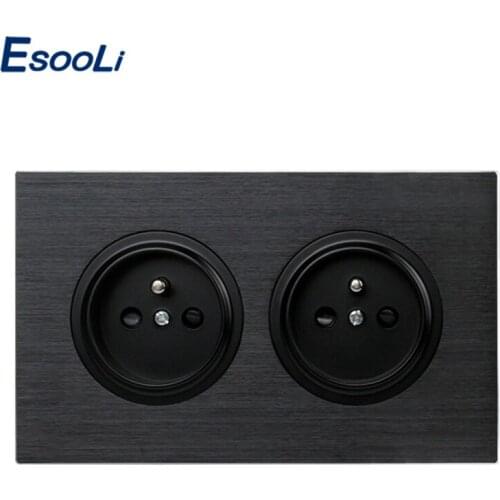 Esooli Luxurious Black Aluminum Panel 16A Double French Standard Wall Power Socket Grounded With Child Protective Lock