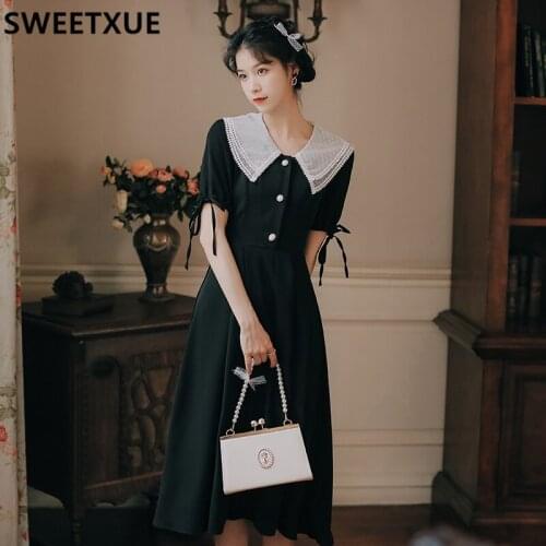SWEETXUE 2021 Summer Women Dress Vintage Elegant Lace Pan Peter Collar Sweet Party Cute Kawaii Chic Dress Vestidos