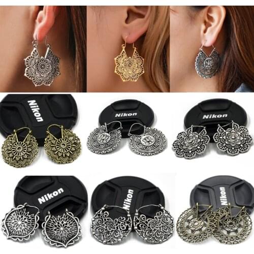 Showlove 2pcs Fashion Brass Tribal Floral Mandala Flower Hoop Earring Body Piercing Jewelry