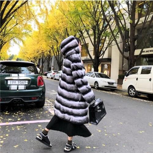 OFTBUY 2020 Natural Rex Rabbit Fur Real Fur Long Coat Winter Jacket Women Outerwear Hood Thick Warm Streetwear Striped Casual