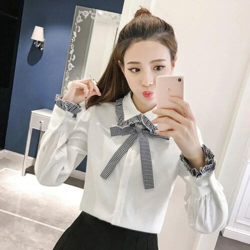 Women Spring Autumn Style Blouses Shirts Lady Casual Bow Tie Collar Long Sleeve Thick Blusas Tops DD8824