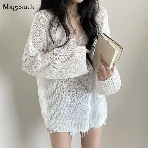 Loose V Neck White Knitted Shirt Women Autumn Long Sleeve Woman Blouses Tops Sunscreen Sweater Solid Hollow Out Lady Tops 15734