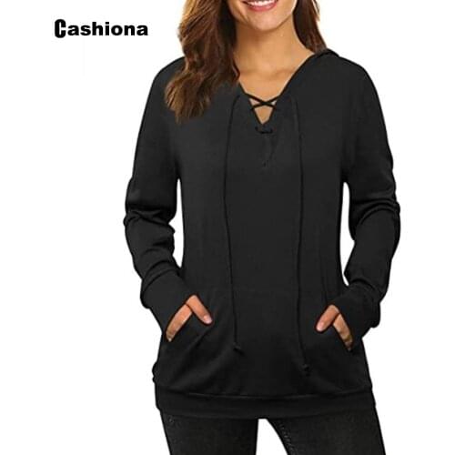2020 Spring Autumn Women Hoodie Sweatshirt Long Sleeve Tops Solid Color Femme Casual V-neck Hooded Lace-up Sweatshirt Pullovers