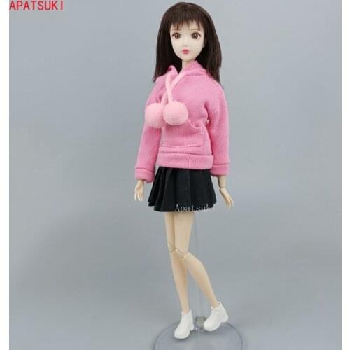 Pink Doll Clothes Set for Barbie Outfits Sweatshirt Hoodies Black Pleated Skirt for 1/6 BJD Dolls Accessories Toys For Children