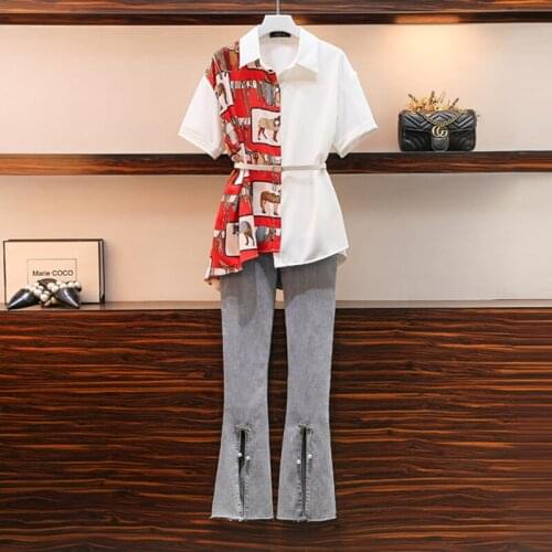 Women Summer Shirt Set 2021 New Large Size Fashion Cartoon Print Top Loose Irregular Chiffon Shirt and Split Jeans Chic Clothes