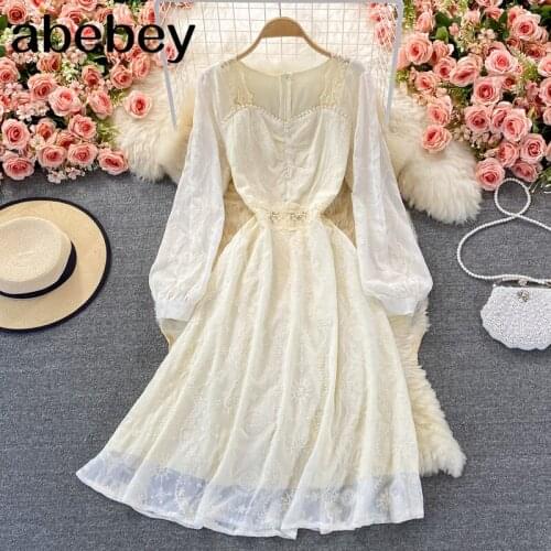 2021 New Spring Autumn French square collar long sleeve Dress embroidery lace patchwork high waist pleated mid-length Dress