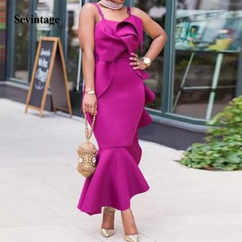 Sevintage abendkleider Mermaid Fuchsia Formal Prom Dress Ruffles Ankle Length Formal Party Gowns Robe De Soiree