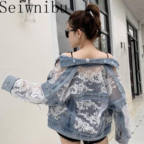 2020 New Summer Long Sleeve Large Size Jeans Jackets Womens Coat Loose Lace Stitching Perspective top Jacket Ladies denim coat