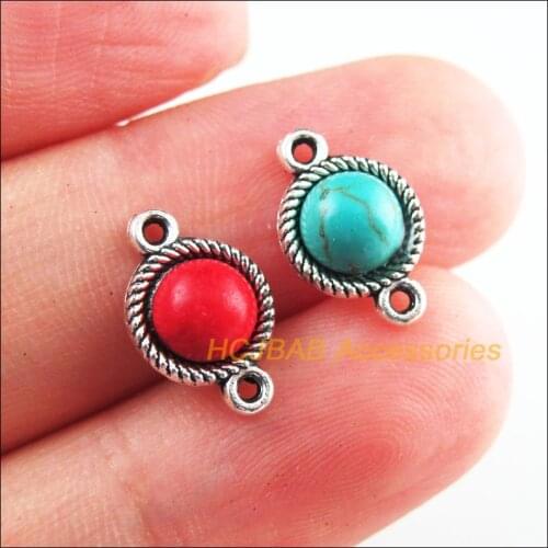 30Pcs Retro Tibetan Silver Tone Round Blue&Red Stone Charms Connectors 8.5x13mm