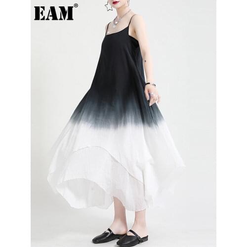 [EAM] Women Black Tie Dye Big Size Elegant Dress New Round Neck Sleeveless Loose Fit Fashion Tide Spring Summer 2021 1DD8146