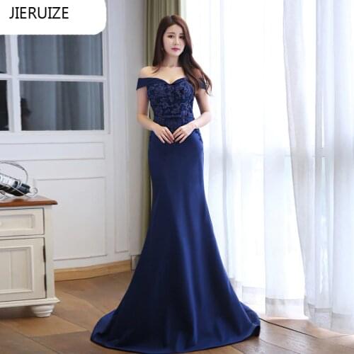 JIERUIZE Dark Navy Blue Lace Mermaid Long Evening Dresses Off the Shoulder Formal Evening Gowns abendkleider