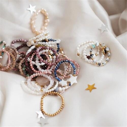 Natural Stone Ring Freshwater Pearl Shell Pearl Ring Bohemian 2 mm Bead Ring Stainless Steel Gold Silver Gifts for Women Girls