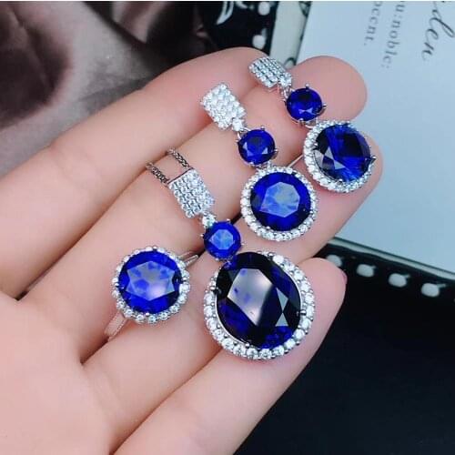Blue Sapphire gemstone jewelry set including ring earrings necklace with 925 silver
