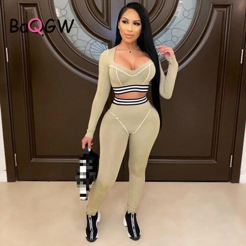 BaQGW Autumn Fashion 2Pcs Sports Clothing Suit Casual Women Striped Long Sleeve Crop Tops+High Waist Legging Sets Skinny Outfits