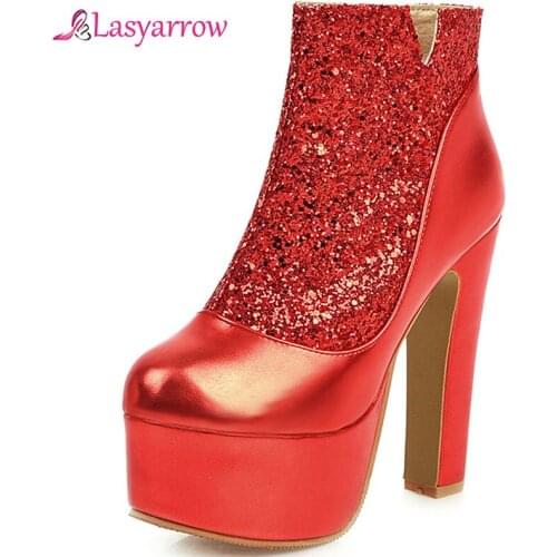 Lasyarrow Sexy Chunky Platforms Glitter Night Club Ankle Boots for Ladies Round Toe Zipper Bling Bling Party Wedding Boots J1115