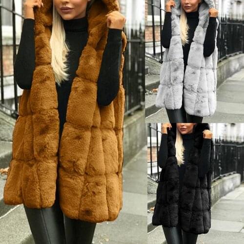 80% Hot Sell Winter Thicken Faux Fur Vest Jacket Casual Women Solid Color Hooded Waistcoat