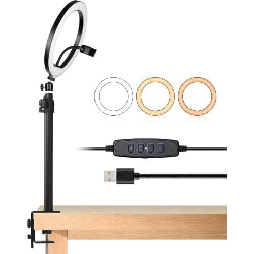 Tabletop C-clamp Adjustable Stand 10 inch Dimmable Light Selfie LED Ring Light 360 Rotatable Ball Head For Makeup Live Streaming