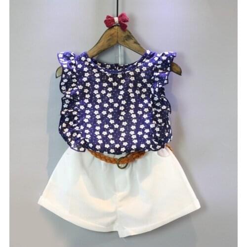 Summer New Girls' Clothes Sets Floral Sleeveless T-Shirt + Shorts + Belt 3Pcs Toddler Baby Kids Outfits Childrens Clothing
