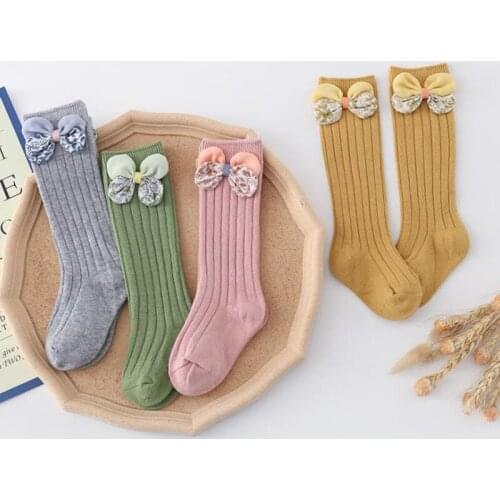 Toddler Baby Girls Stockings Solid Color Bowknot Anti-Slip Knee High Socks 0-3 Years Children Long Stockings Kids Floor Socks