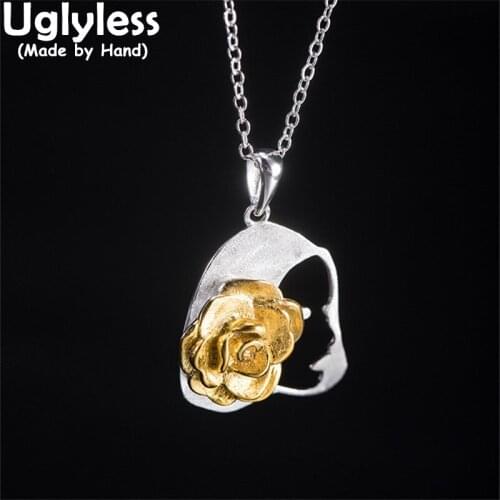 Uglyless Blooming Camellia Necklaces Rings for Women Square Medals Pendants Real 925 Silver Floral Jewelry Sets Fashion + Chains